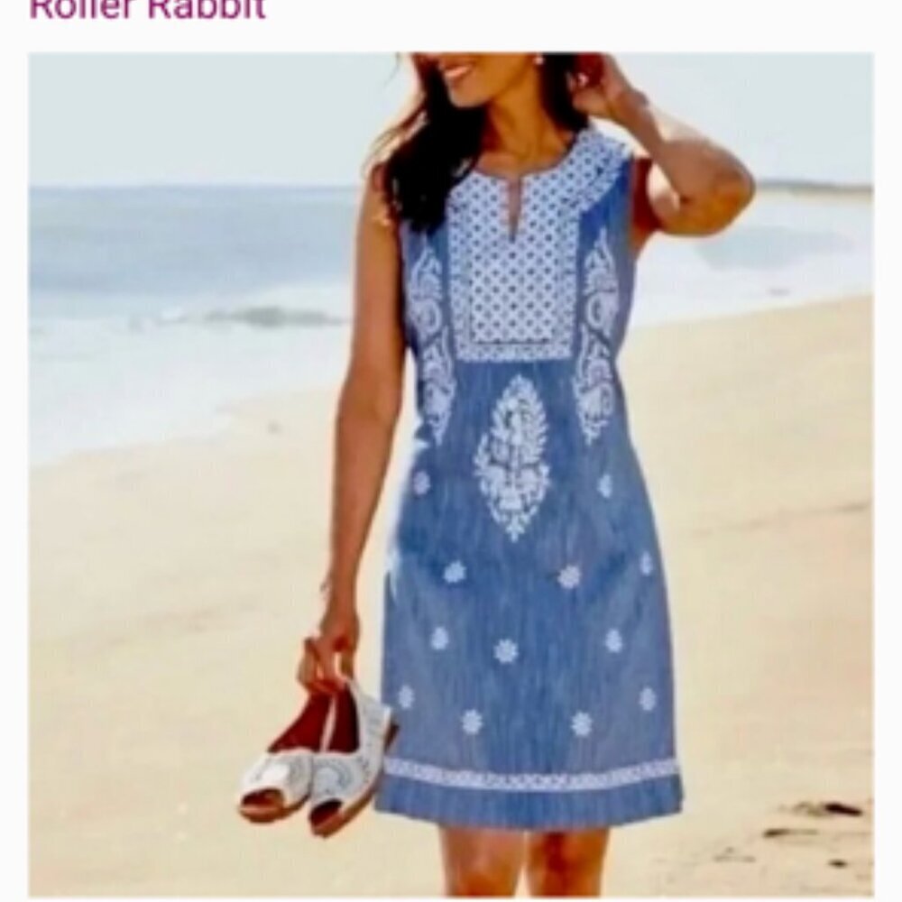 Roller Rabbit 100% Cotton Embroidered Resortwear Dress Cover Up Chambray Blue XS